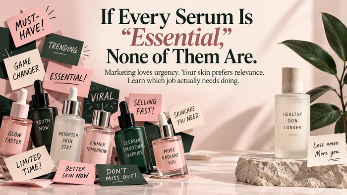 Skincare routine banner about every serum being called essential