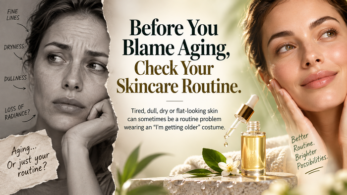 Skincare routine banner about checking your skincare routine before blaming aging